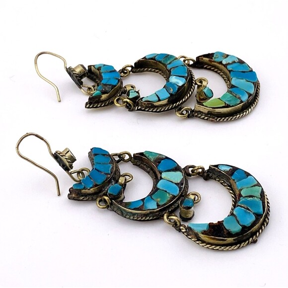 Vintage to Antique Tibetan Silver Turquoise Inlay Earrings Big Beautiful 3" Drop - Picture 4 of 6